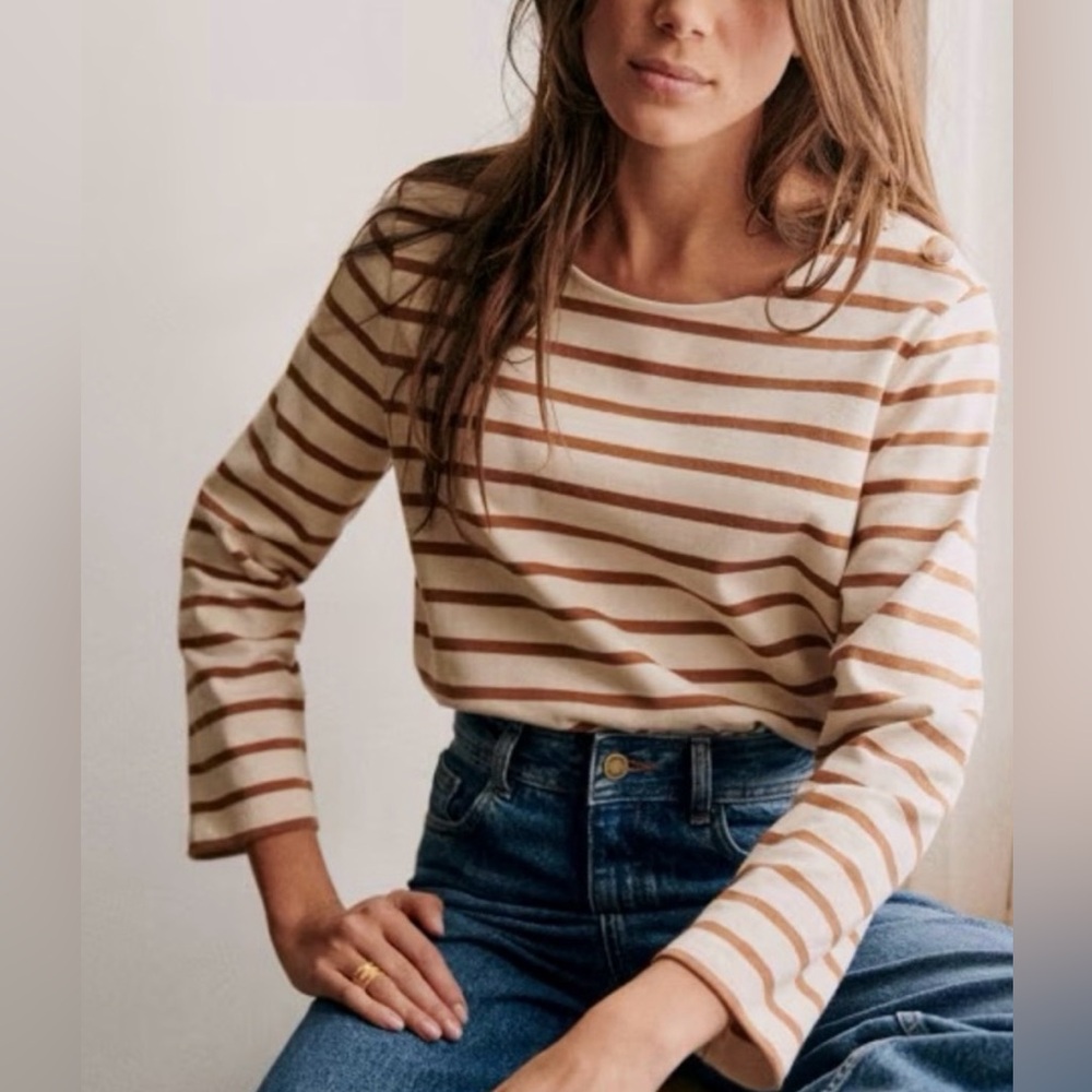 Sezane Colette Mariniere Stripe Breton Top Ecru/Camel Size M 🍂🍁🍂 - Picture 7 of 12